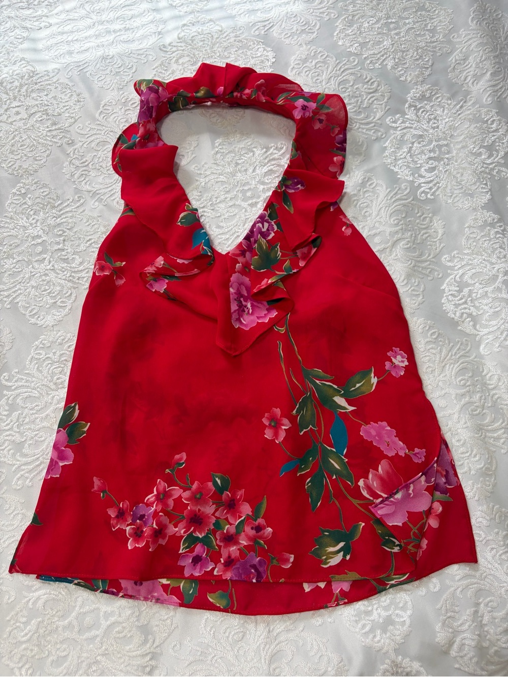 Vintage Moda International Y2K Red Floral Ruffle Halter Top Made In USA Small